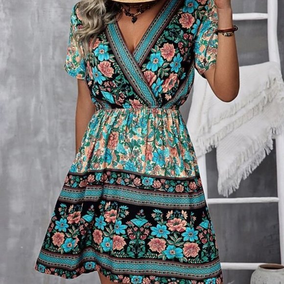 Boho Floral Multi color Surplice Neck Mini Dress - Picture 7 of 7